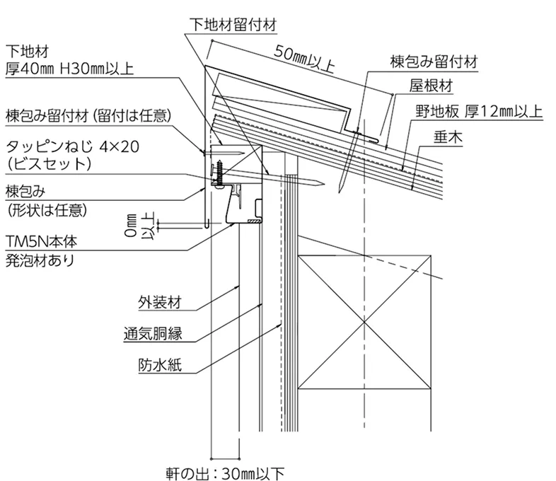 破風レス納まり 片流れ屋根頂部